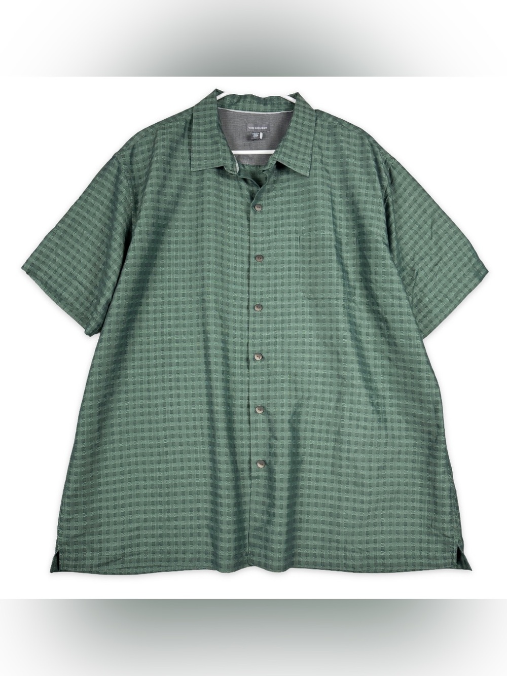 Van Heusen Button Down Shirt Mens XXL 2XL 18-18.5 Green Gingham Short Sleeve